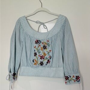 Anthropologie Beaded and Embellished Puff-Sleeved Striped Blousee